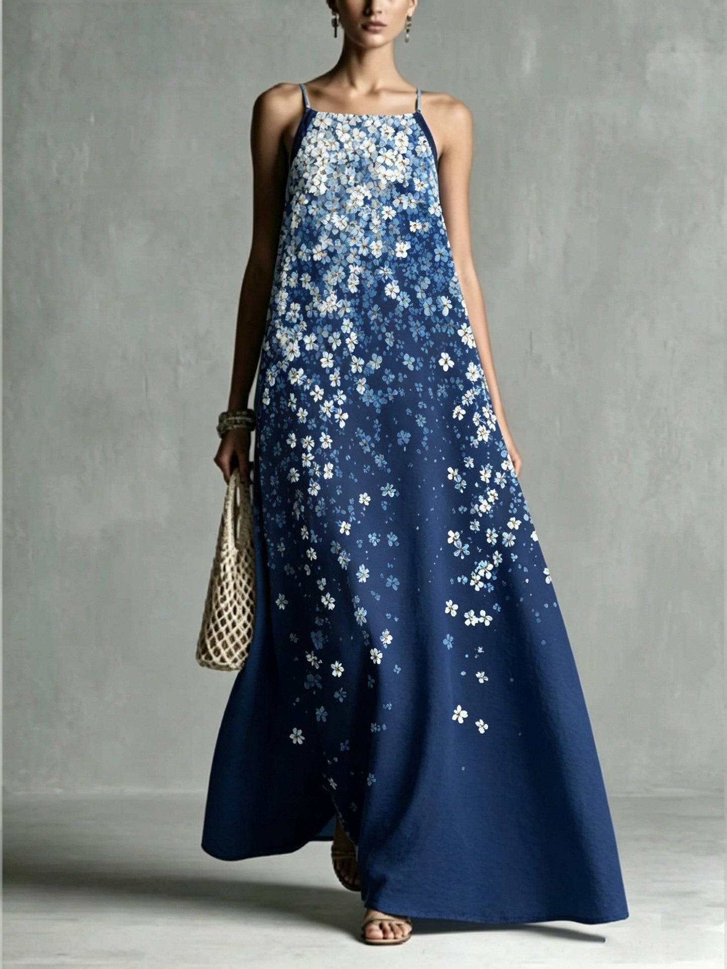 Women's Loose Romantic Print Pleated Spaghetti-Neck Maxi Dresses