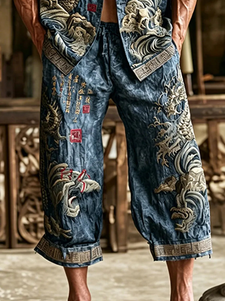 Men's Dragon Pattern Wavy Text Vintage Cotton And Linen Short Sleeve Shirt And Shorts Two-piece Set