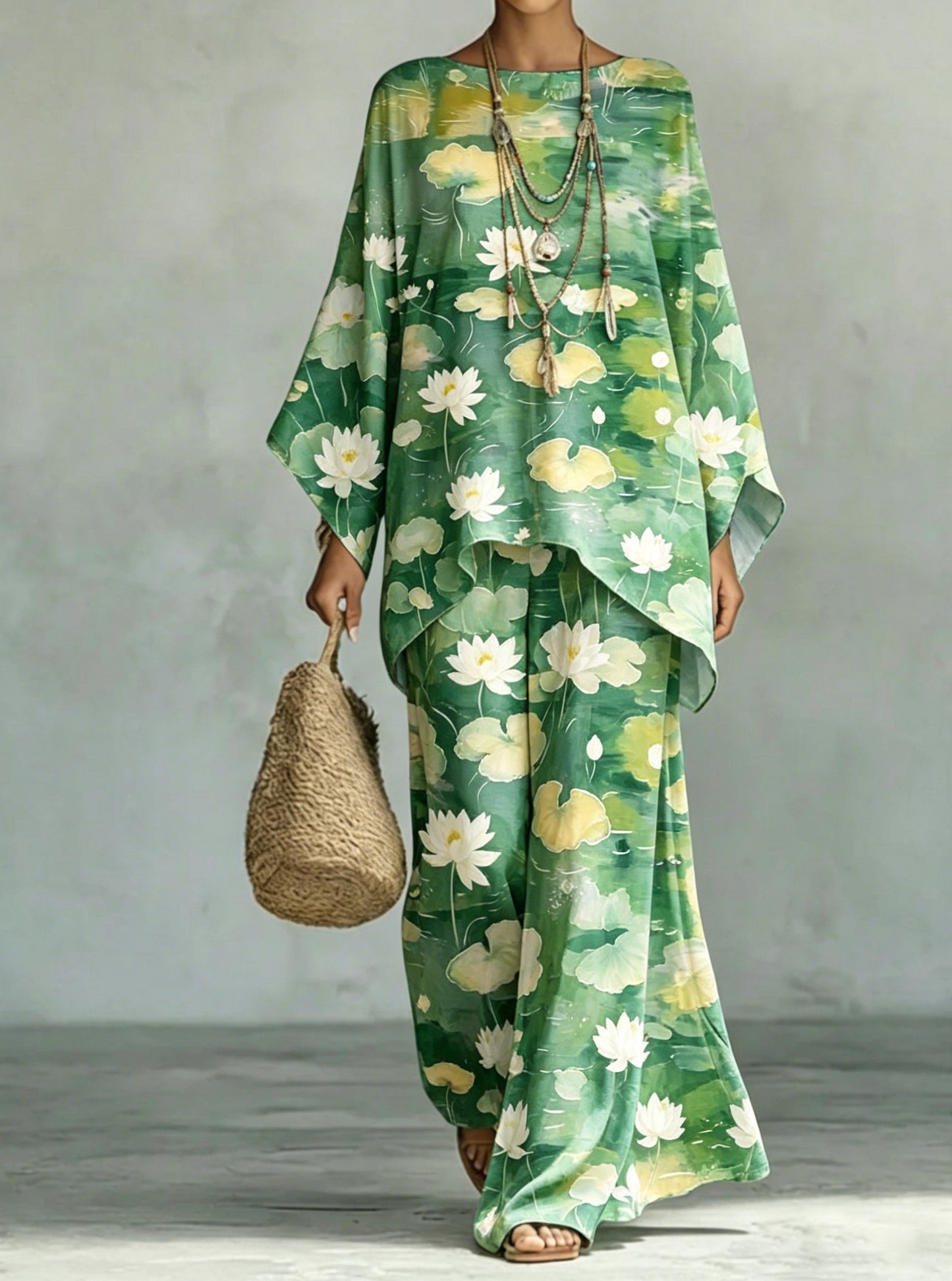 Women's Comfortable and loose print pattern cotton and linen wide-leg pants two-piece set