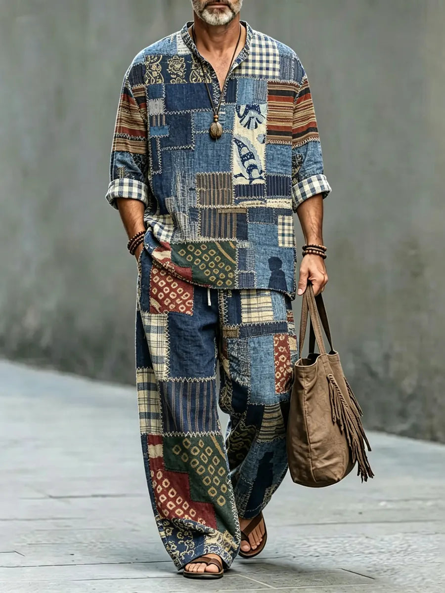 Men's Vintage Japanese Patchwork Art Shirt And Pants Two Piece Set