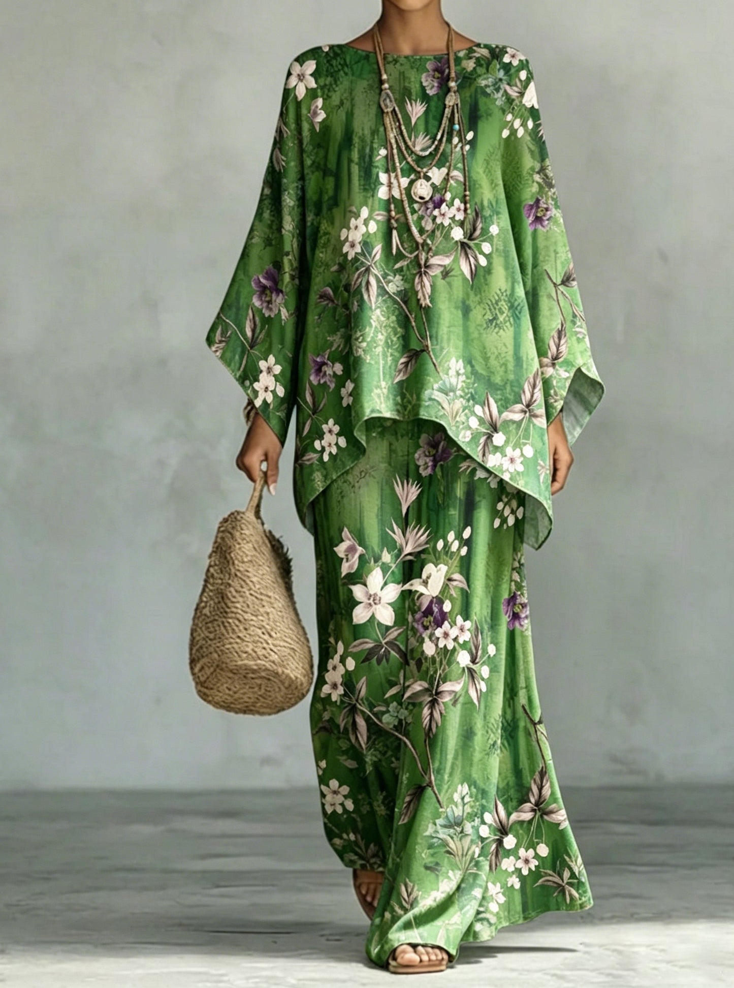 Women's Comfortable and loose print pattern cotton and linen wide-leg pants two-piece set