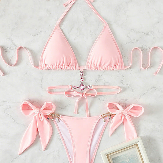 Halter-neck rhinestone strap triangle bikini set