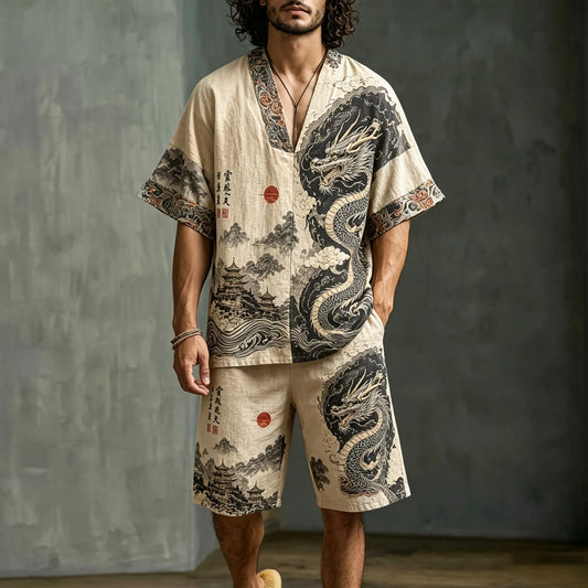 Men's Dragon Letter Landscape Print Cotton Linen V-neck Short-sleeve Shorts Two-piece Set