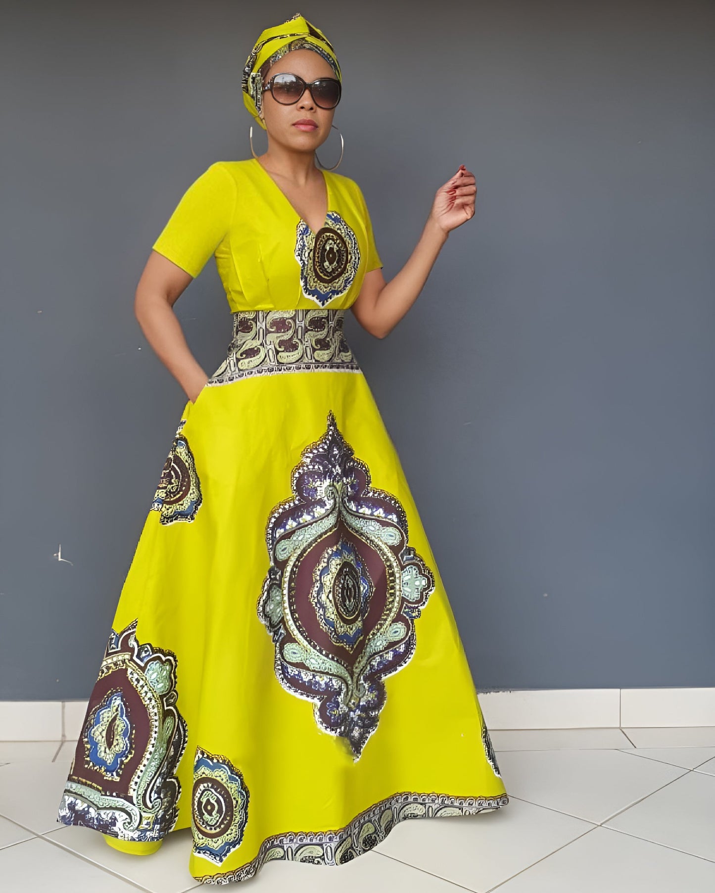 V Neck Ethnic Style Pattern Art Short Sleeve Maxi Dress
