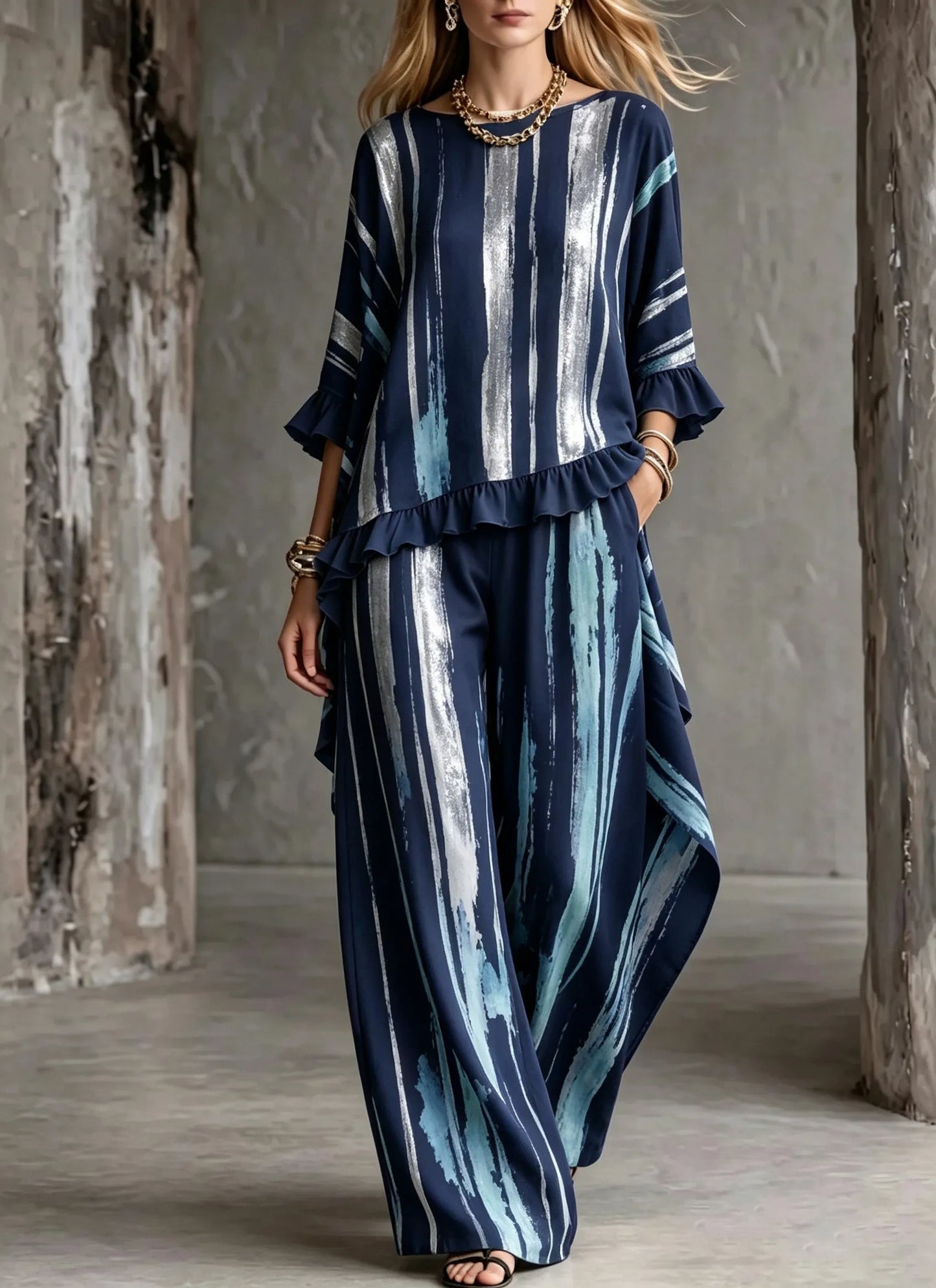 Women's Cotton Linen 3/4 Sleeve Lotus Hem Wide Leg Pants Two-Piece Set