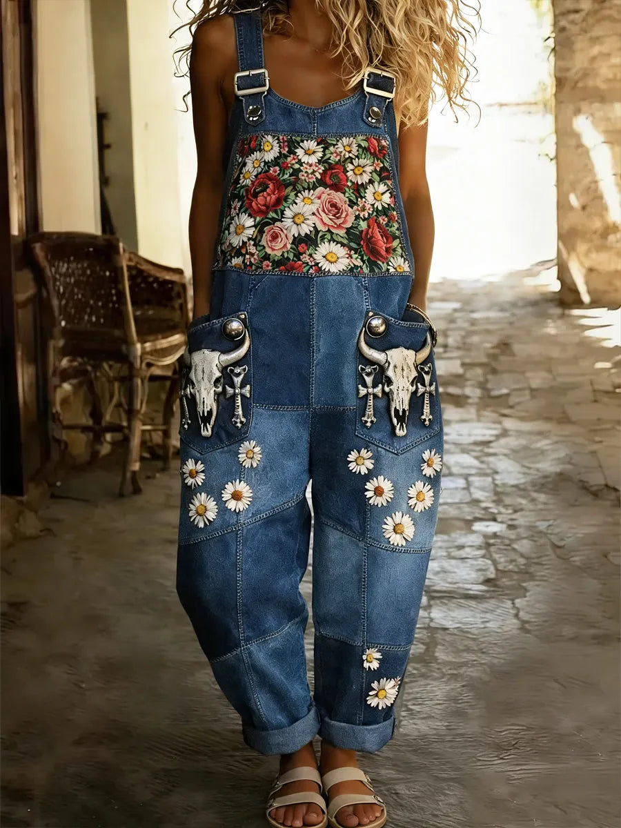 Women's Boho Color Art Print Washed Cotton Denim Patchwork Jumpsuit