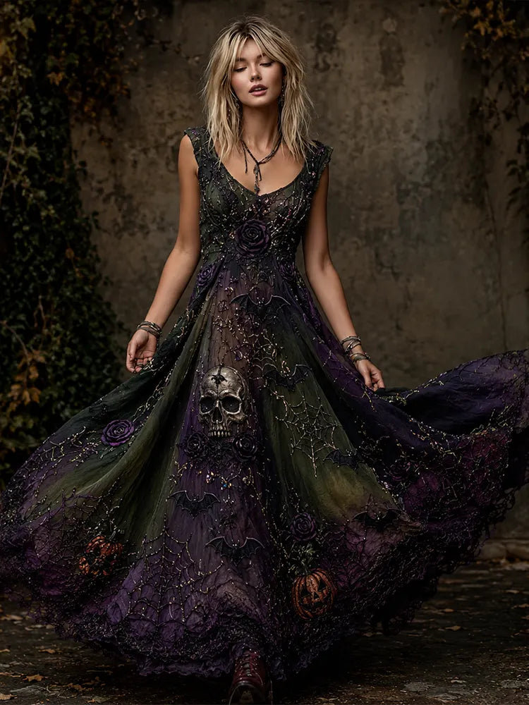 Women's Halloween Spooky Gothic Skull, Spiderweb & Rose Maxi Dress