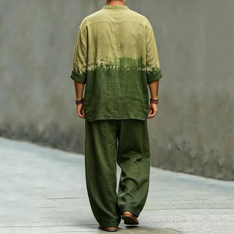 Men's Color Block Abstract Art Print Shirt And Pants Two Piece Set