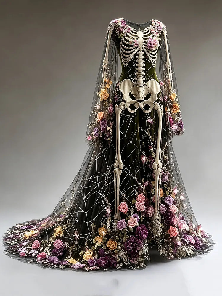 Women's Retro Gothic Skeleton And Floral Gradient Pattern Maxi Dress