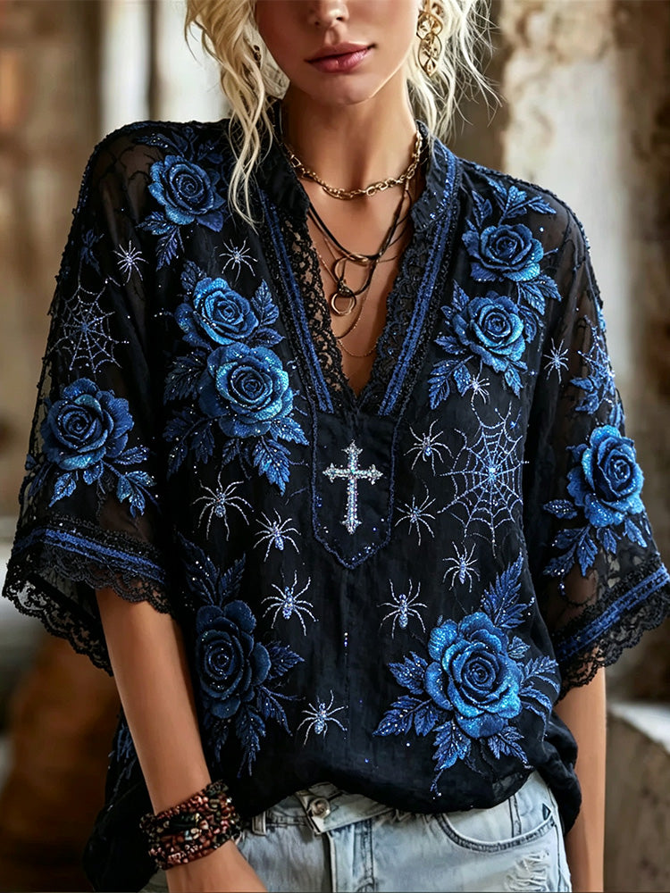 Women's Halloween Spider And Rose Color-block Lace Patchwork Short-sleeved Top