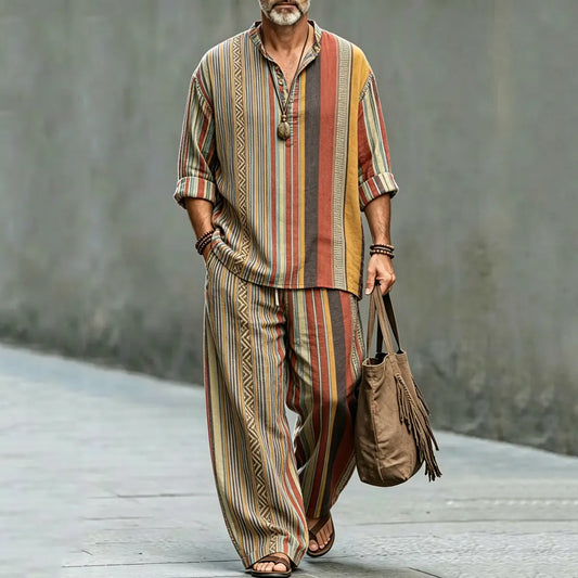 Men's Vintage Striped Print Shirt And Pants Two Piece Set
