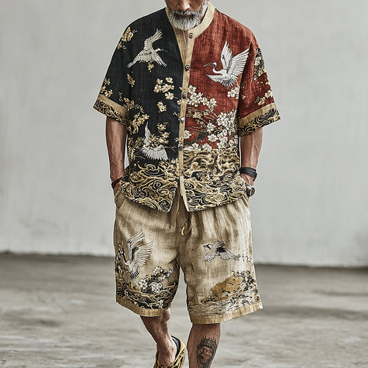 Crane And Cloud Pattern Color-blocked Short-sleeved Shorts Two-piece Set