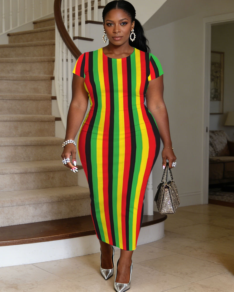 African Classic Kent Reggae Color Print Women's Round Neck Short Sleeve Dress