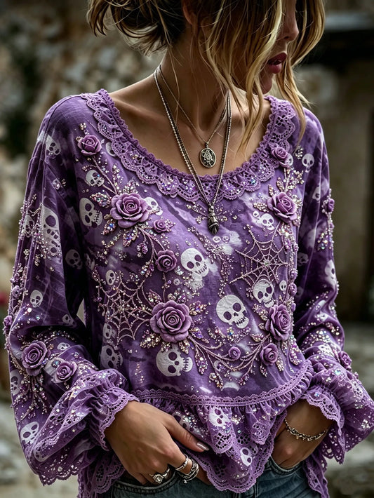 Women's Halloween Rose And Skull Print Top
