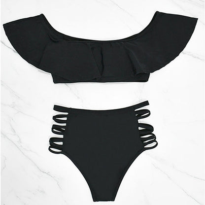 Off-shoulder ruffled cut-out high-waisted bikini set
