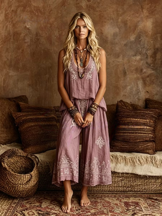 Women's Spring/Summer Cotton Linen Casual Vacation Two-Piece Set.