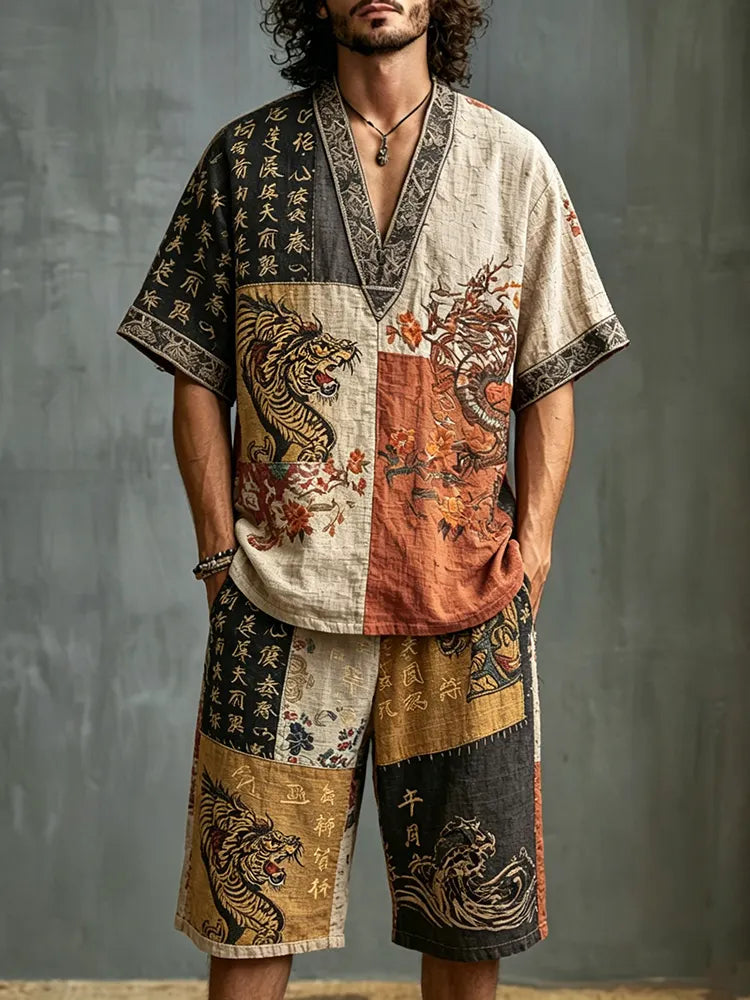 Men's Dragon Letter Color Block Print Cotton Linen V-neck Short-sleeve Shorts Two-piece Set