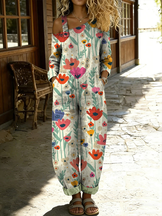 Women's Retro Style Floral Art Print Washed Cotton Denim Patchwork Jumpsuit