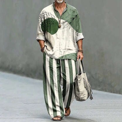Men's Vintage Japanese Art Shirt And Pants Two Piece Set