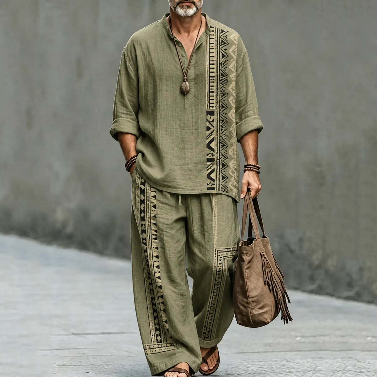 Men's Vintage Geometry Art Print Shirt And Pants Two Piece Set