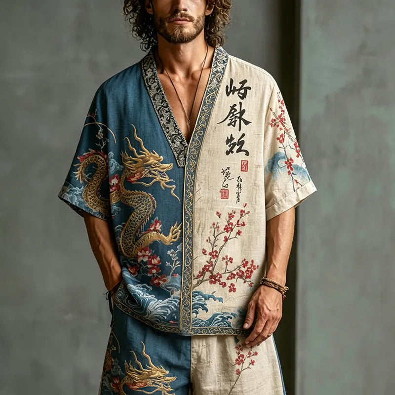 Men's Japanese Art Dragon Floral Color Block Design Cotton Linen Short-sleeve And Shorts Two-piece Set