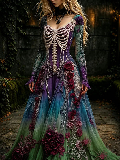 Women's Retro Gothic Skeleton And Rose Gradient Pattern Maxi Halloween Dress