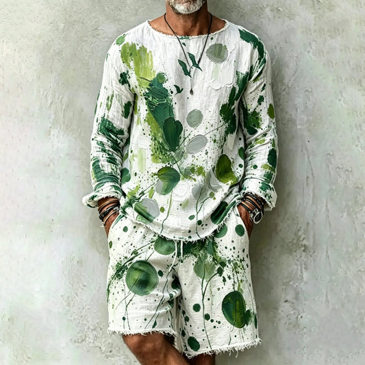 Men's Retro Abstract Art Print T-shirt And Shorts Two Piece Set