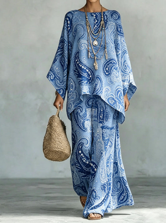 Women's Comfortable and loose print pattern cotton and linen wide-leg pants two-piece set