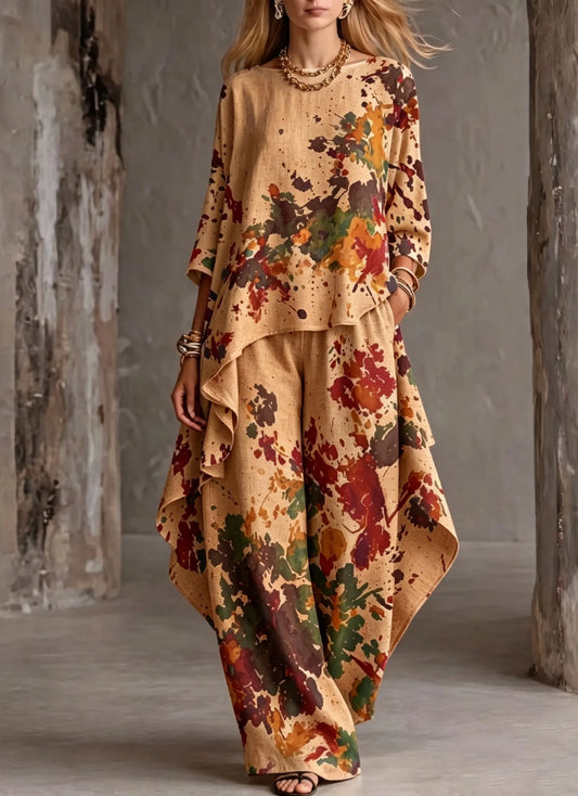 Women's Cotton Linen 3/4 Sleeve Lotus Hem Wide Leg Pants Two-Piece Set