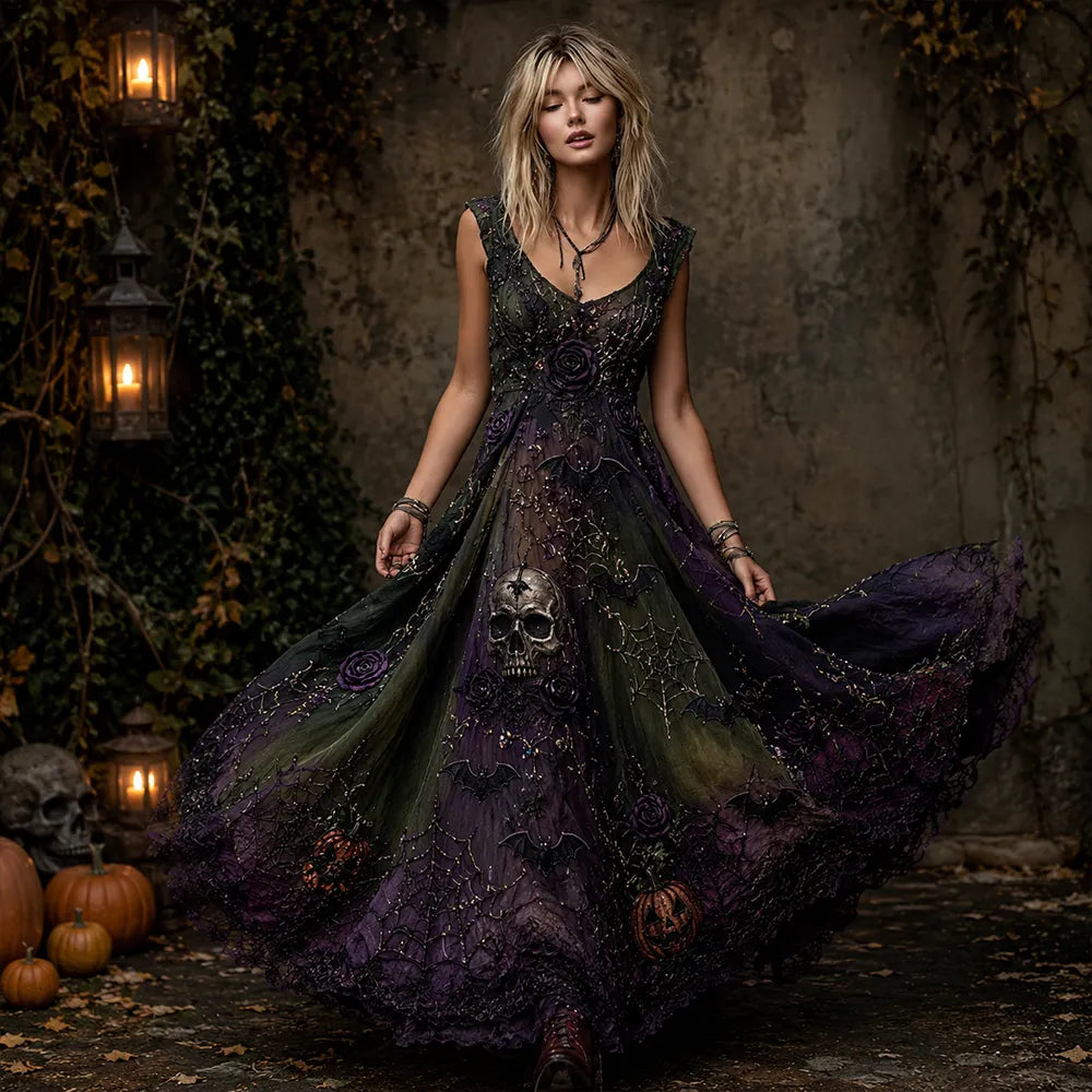 Women's Halloween Spooky Gothic Skull, Spiderweb & Rose Maxi Dress