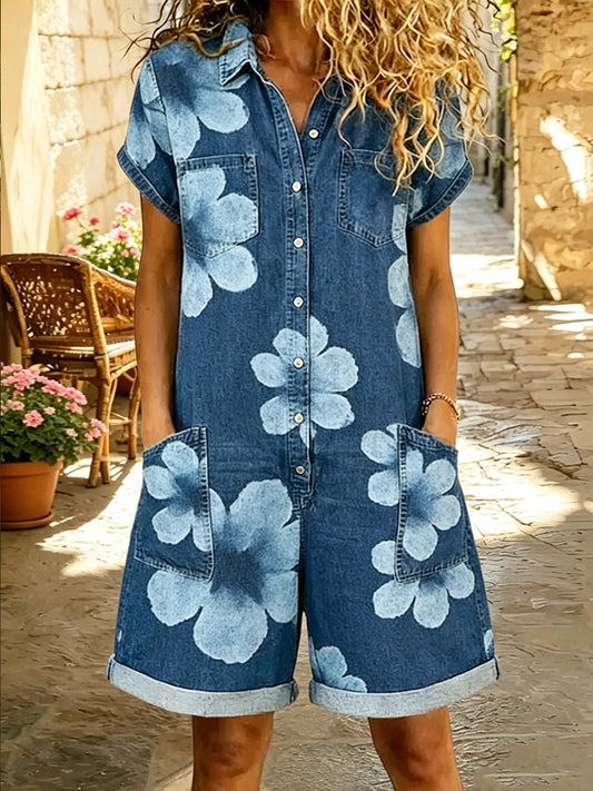 Women's Retro Floral Art Print Washed Cotton Denim Patchwork Jumpsuit