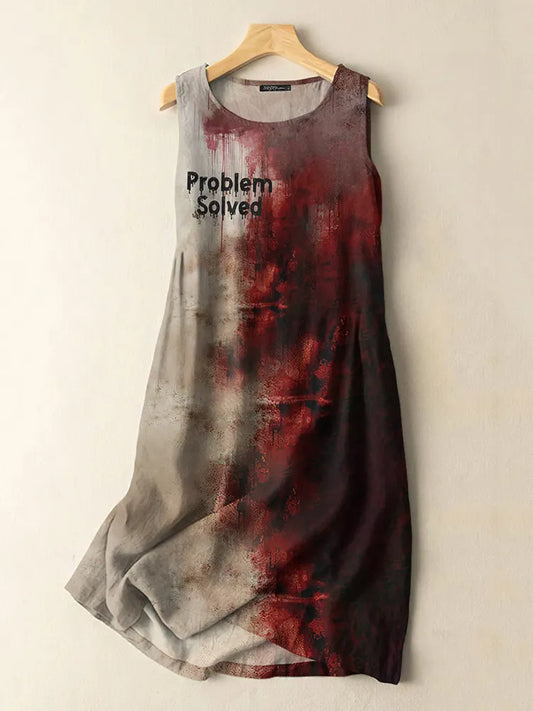 Vintage Bloody Problem Solved Halloween Print Sleeveless Cotton And Linen Midi Dress