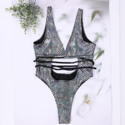 Deep V-neck backless snakeskin one-piece swimsuit