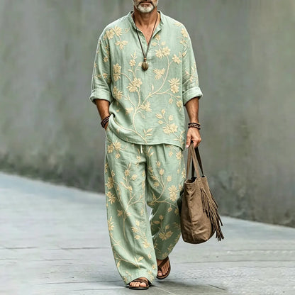 Men's Japanese Floral Embroidery Art Shirt And Pants Two Piece Set