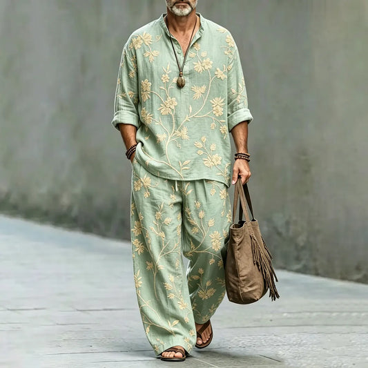 Men's Japanese Floral Embroidery Art Shirt And Pants Two Piece Set