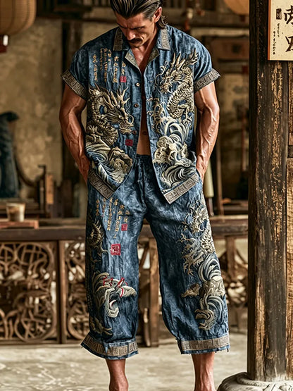 Men's Dragon Pattern Wavy Text Vintage Cotton And Linen Short Sleeve Shirt And Shorts Two-piece Set