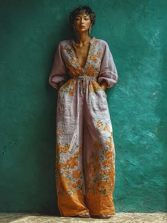 Women's spring/summer cotton and linen casual jumpsuit for vacation.