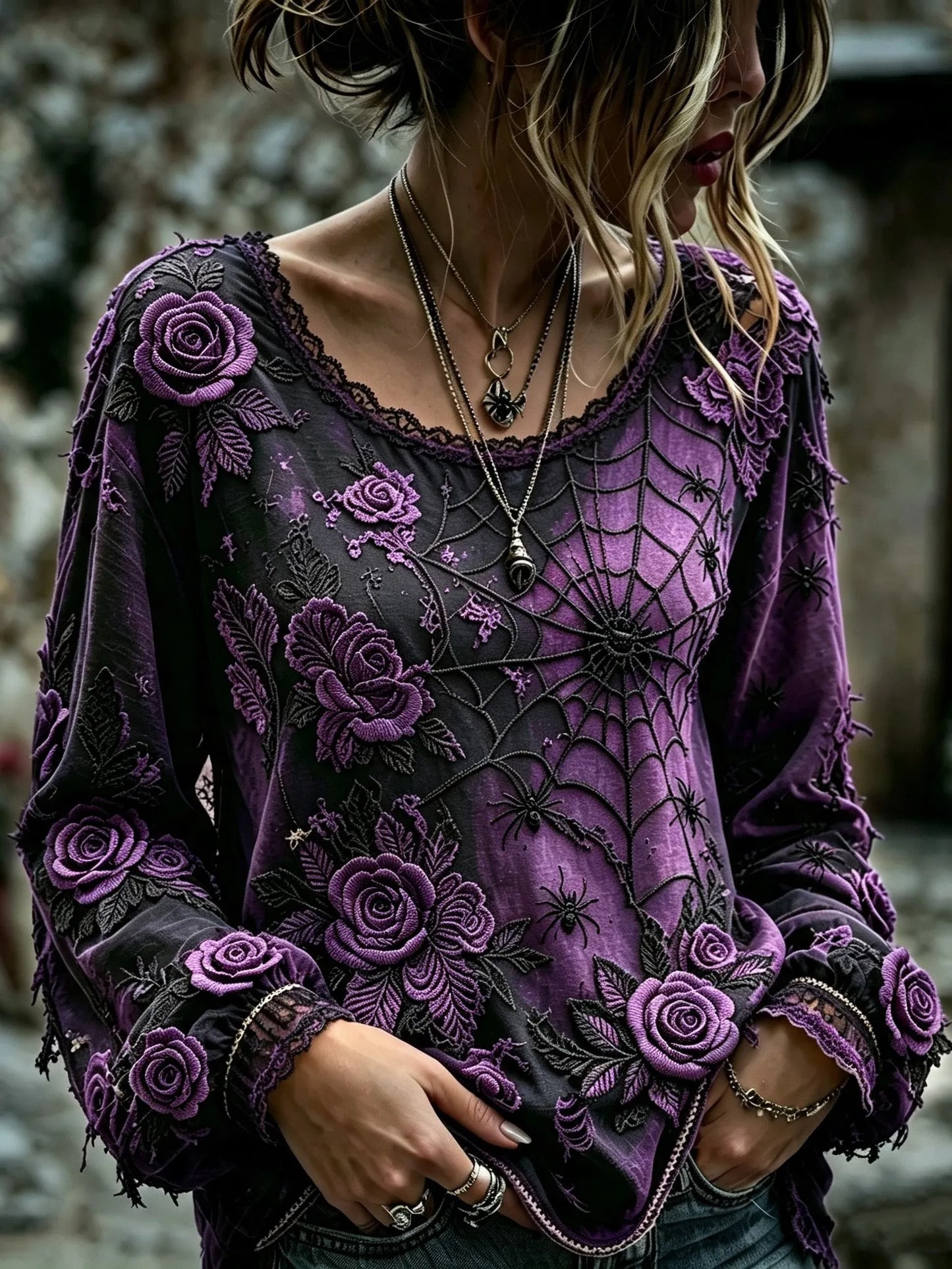 Women's Retro Halloween Style Spider And Rose Embroidered Print Top