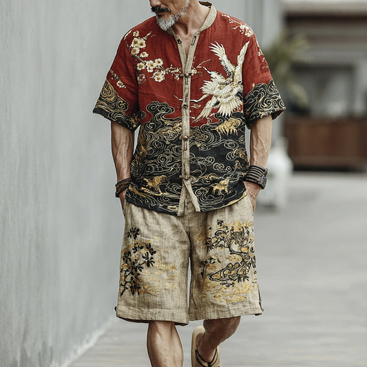 Men's Crane, Plum Blossom, And Cloud Pattern Two-piece Set