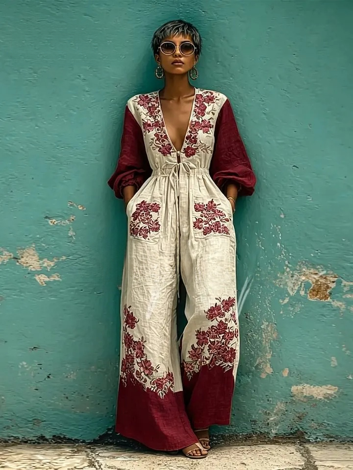 Women's spring/summer cotton and linen casual jumpsuit for vacation.