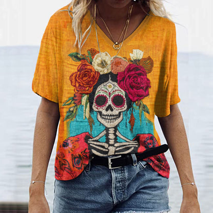 Mexican Day Of The Dead Sugar Catrina Inspired Art Painting V-Neck T-Shirt