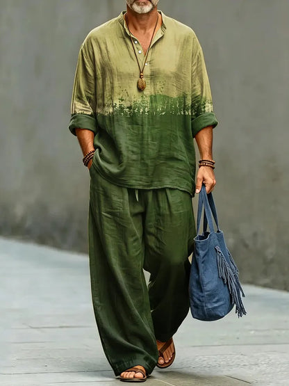 Men's Color Block Abstract Art Print Shirt And Pants Two Piece Set
