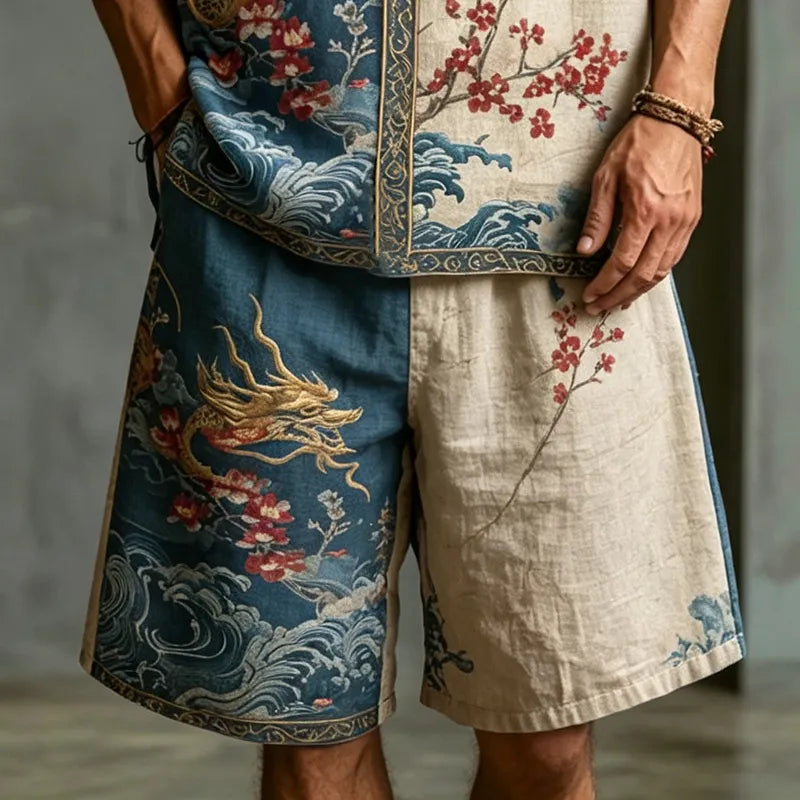 Men's Japanese Art Dragon Floral Color Block Design Cotton Linen Short-sleeve And Shorts Two-piece Set