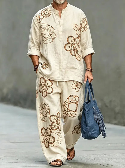 Men's Vintage Japanese Floral Art Shirt And Pants Two Piece Set