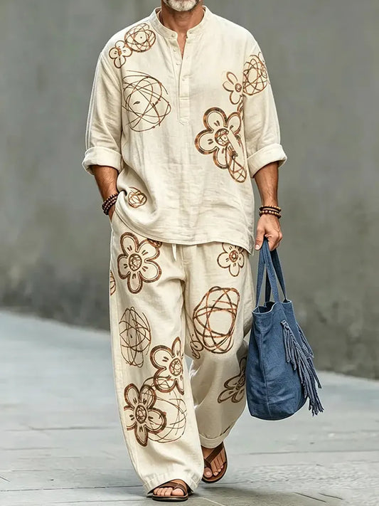 Men's Vintage Japanese Floral Art Shirt And Pants Two Piece Set