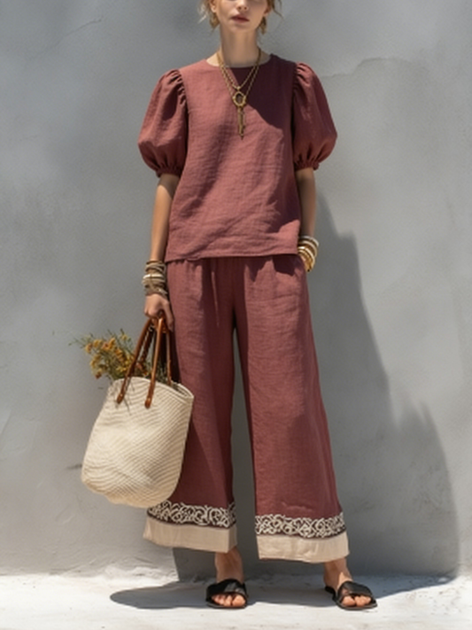 Women's Casual Summer Washed Cotton Top Pants Set