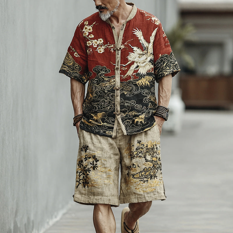 Men's Crane, Plum Blossom, And Cloud Pattern Two-piece Set