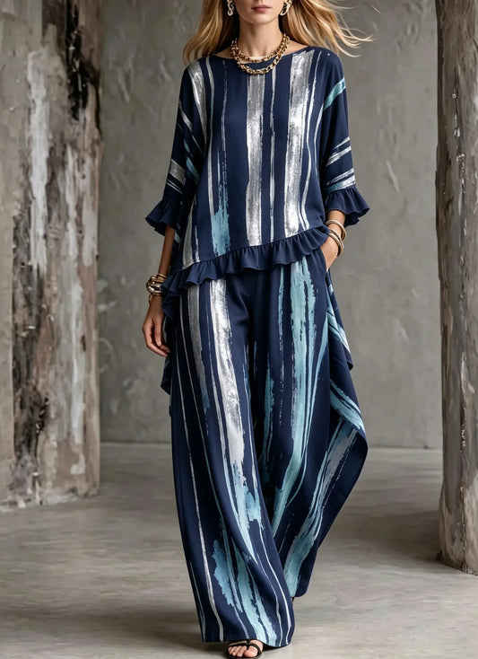 Women's Cotton Linen 3/4 Sleeve Lotus Hem Wide Leg Pants Two-Piece Set
