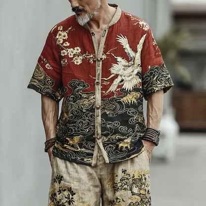 Men's Crane, Plum Blossom, And Cloud Pattern Two-piece Set