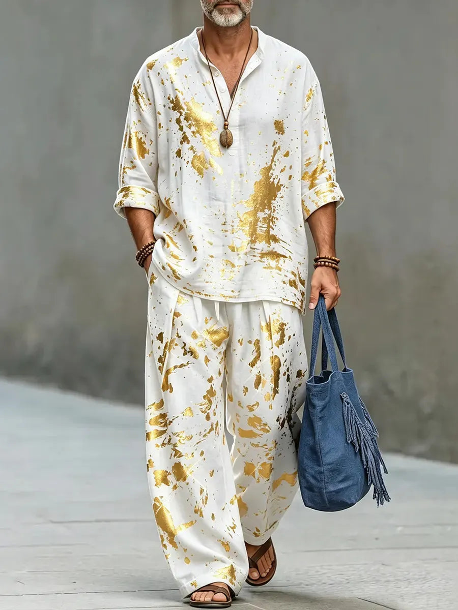 Men's Abstract Art Print Shirt And Pants Two Piece Set